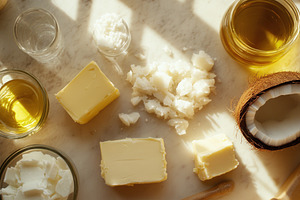 Shot of butter, coconut & olive oil, a Photo by Pavel_design