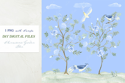 Chinoiserie Garden Toile Blue Flower, an Illustration by LABFcreations