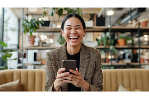 A cheerful Asian businesswoman, a Person Photo by Sergey Kotenev