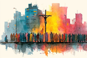 Silhouetted crowd witnessing crucifixion against colorful urban, an Illustration by José Manuel Gelpi