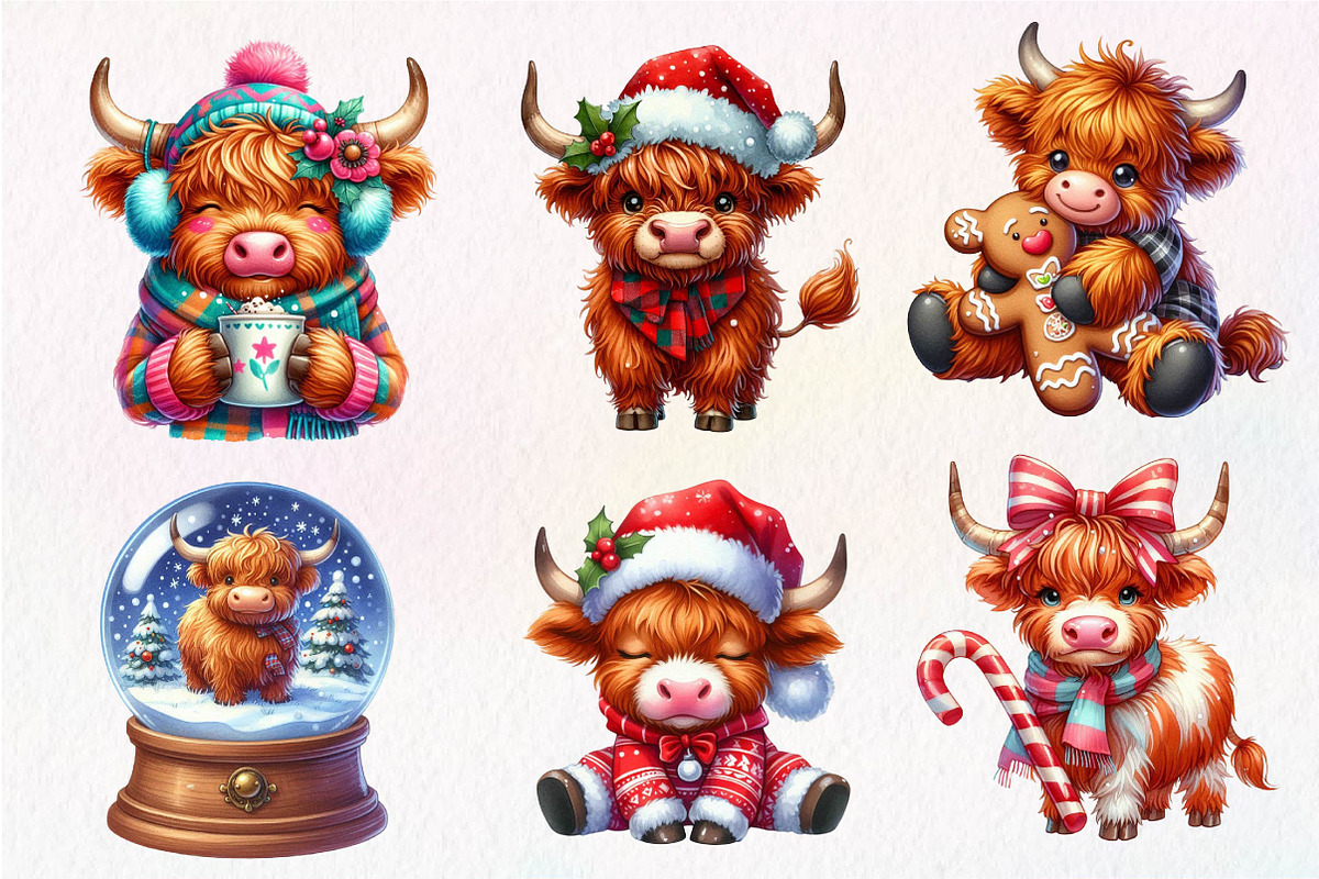 Cute Christmas Highland Cow Clipart, an Illustration by Dream Creation (Photo 3 of 7)