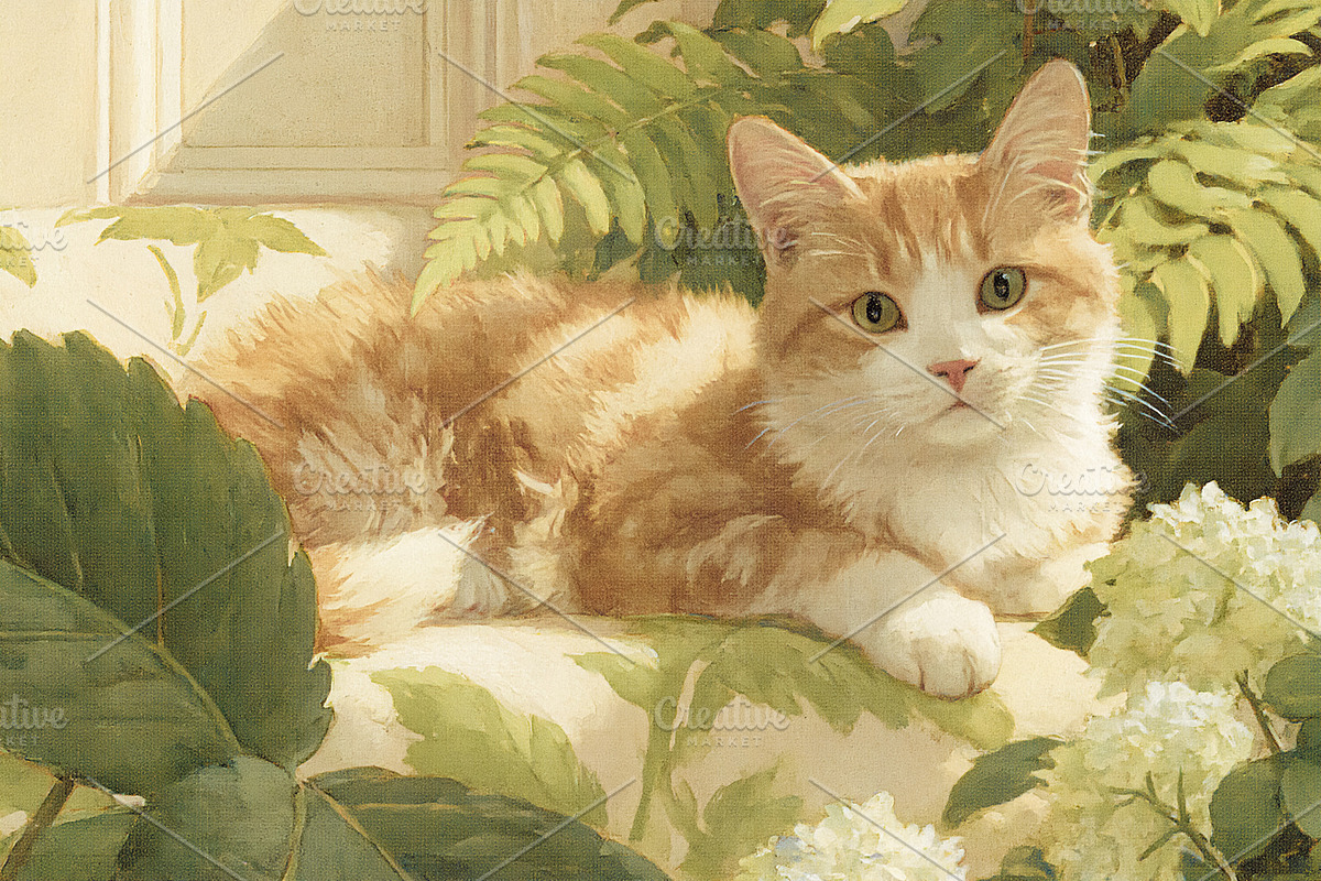Ginger cat relaxing in a lush summer garden, fine art painting o, an Illustration by Studio ANNA (Photo 1 of 2)