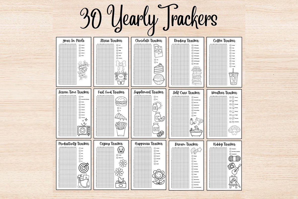 Yearly Bullet Journal Trackers, BUJO, a Stationery Template by DigitalDoodlesToday
