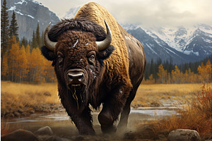 Sun-drenched American bison summer, an Animal Illustration by Ylivdesign