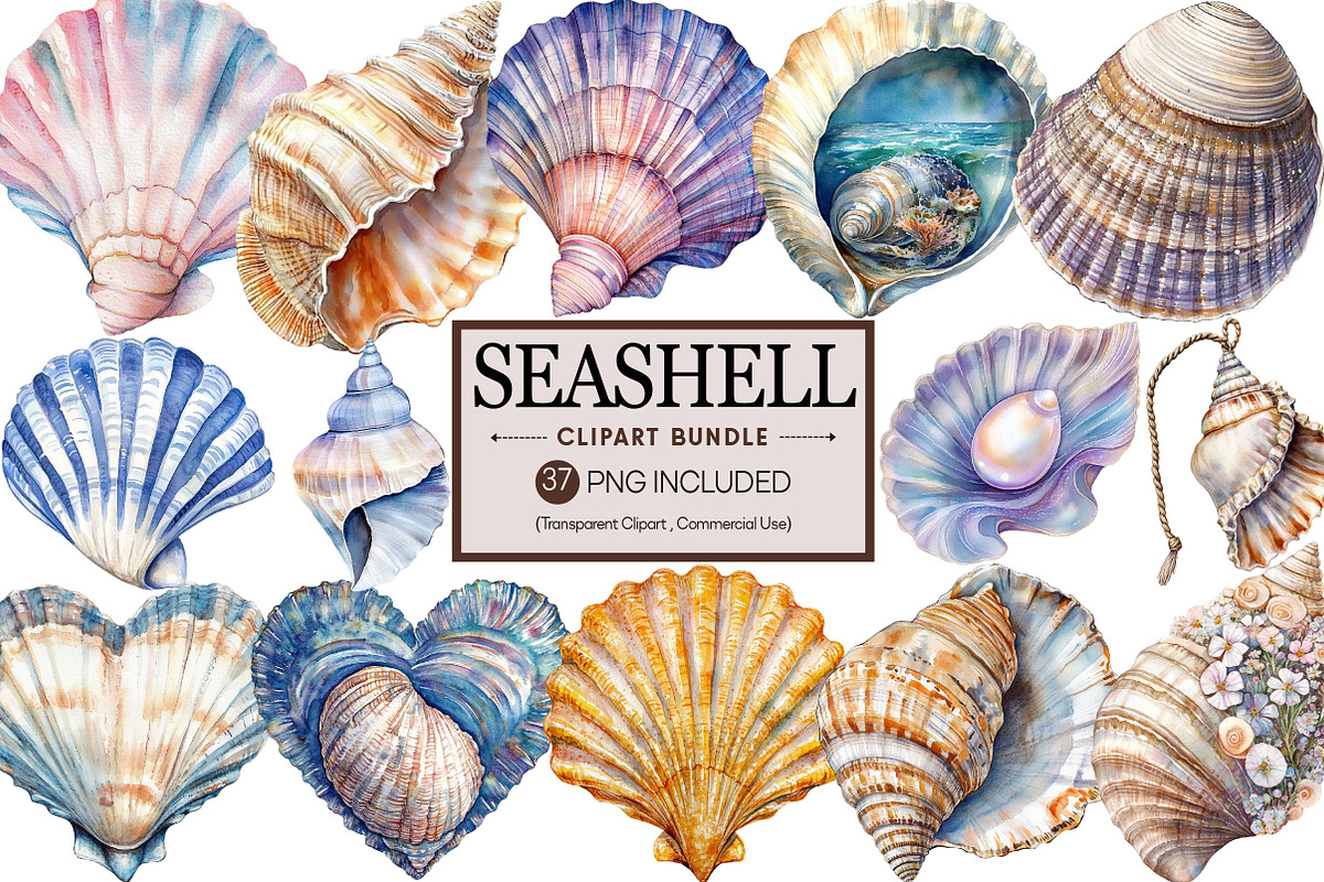 Watercolor Seashell Clipart Bundle, an Illustration by Pixels.Craft (Photo 1 of 7)