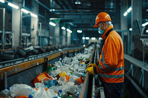 Worker sorting waste on conveyor with different household waste, an Industrial Photo by AlyaAnd