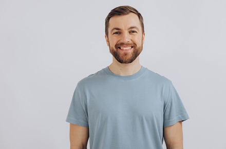 Portrait of a modern bearded middle-aged man in a blue t-shirt s, a Person Photo by Cherkas Photography