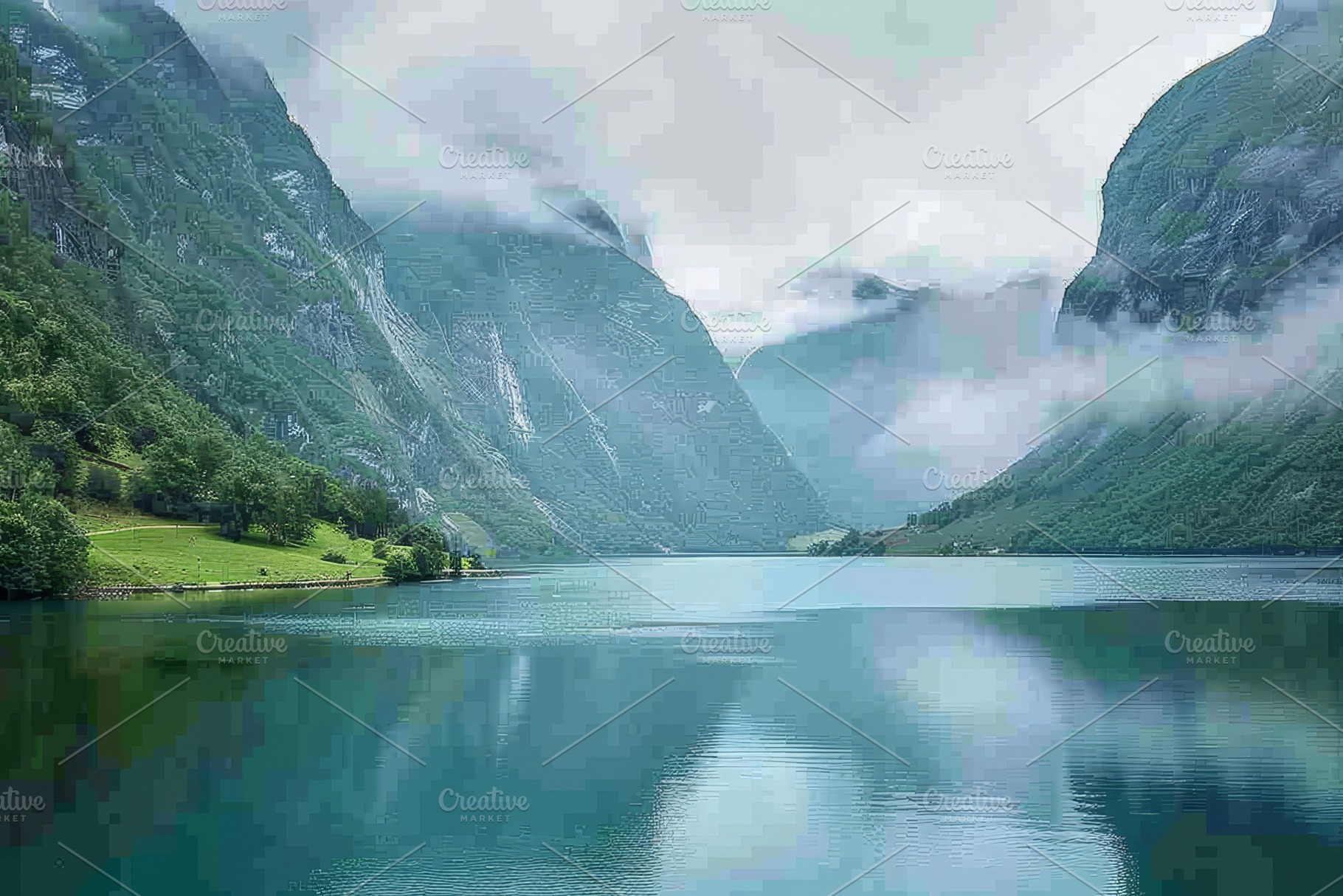 Serene waters reflect the towering,, a Photo by Tanuart