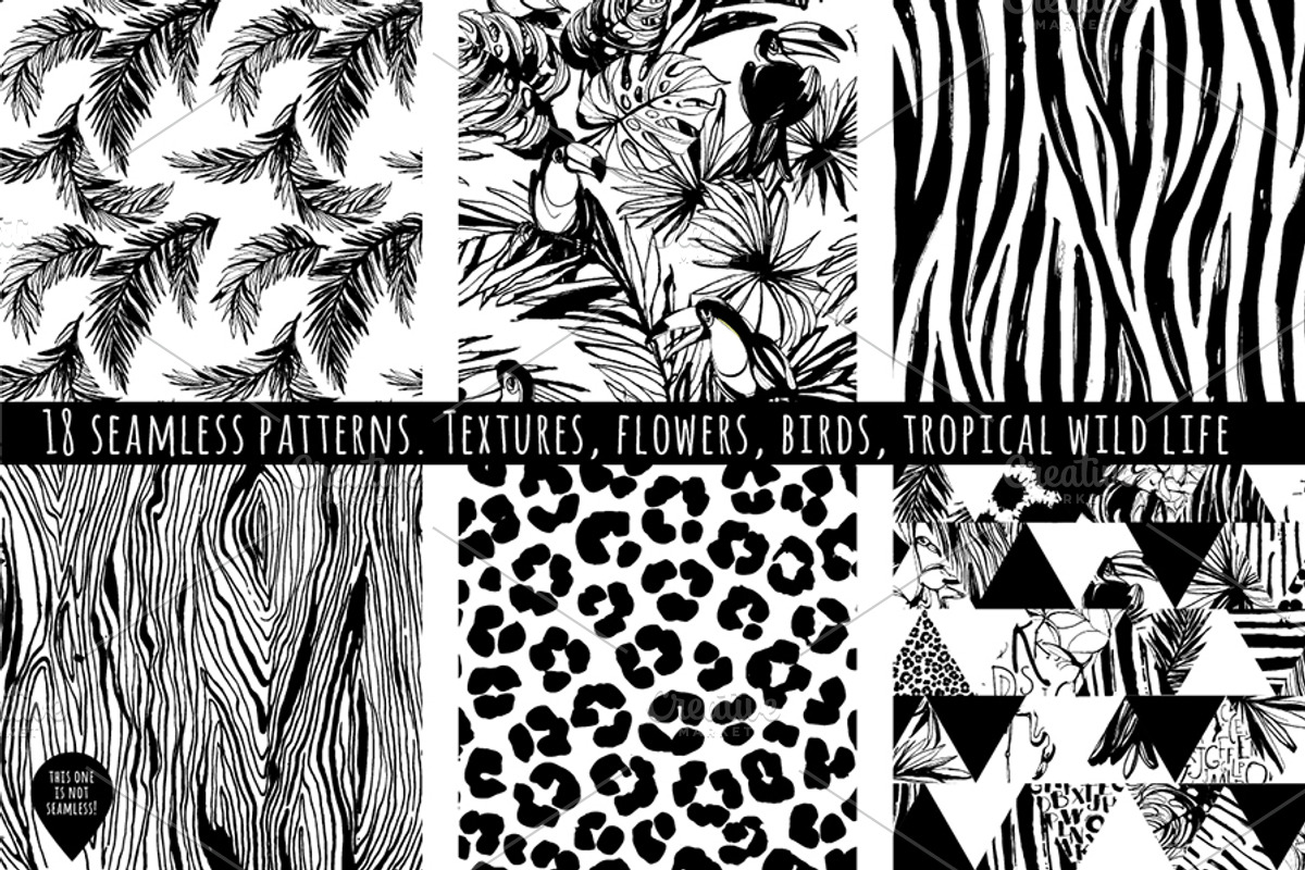 18 handdrawn tropical b&w patterns, a Decorative Illustration by VasilkovS (Photo 4 of 4)