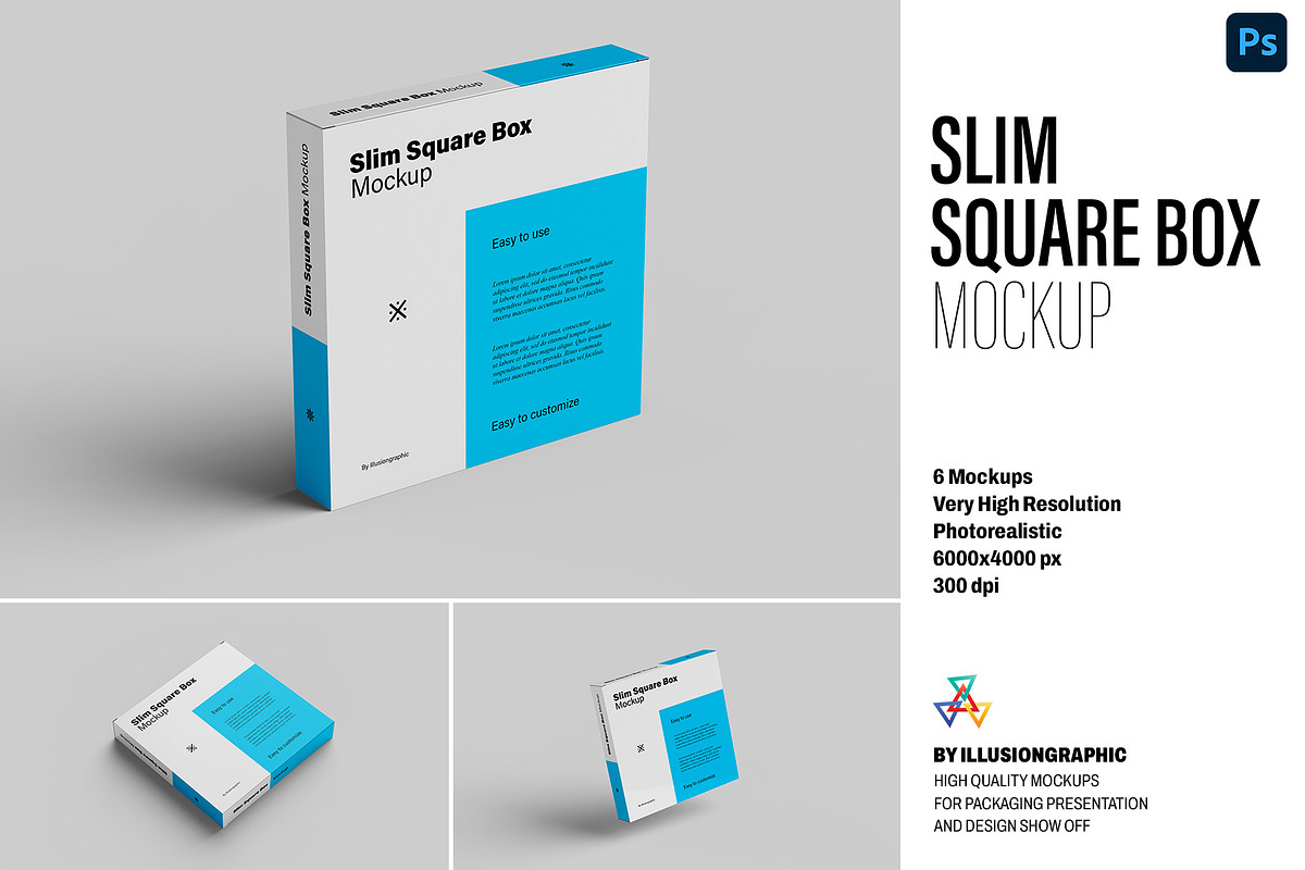 Slim Square Box Mockups - 6 views, a Mockup by Illusiongraphic (Photo 1 of 15)