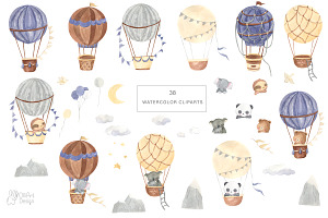 HOT AIR BALLOON Clipart. Watercolor