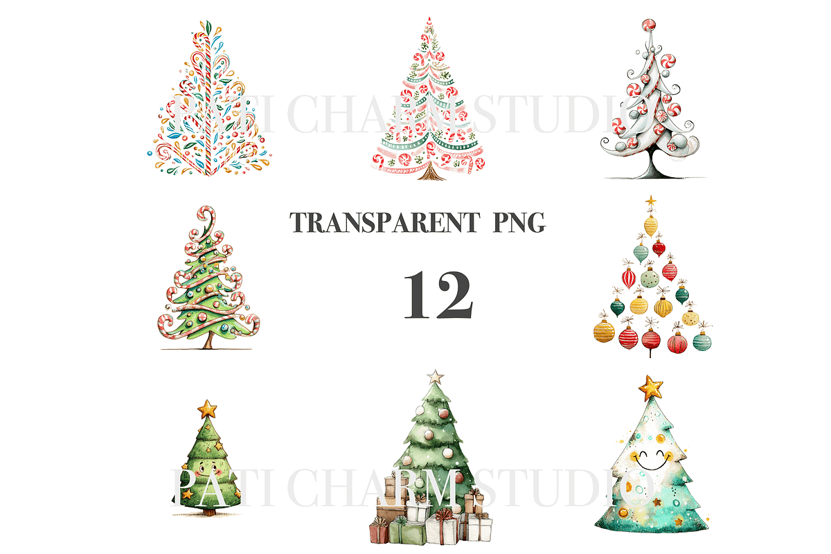 Funny Christmas Tree Clipart Set, a Decorative Illustration by Pati Charm Studio (Photo 3 of 8)