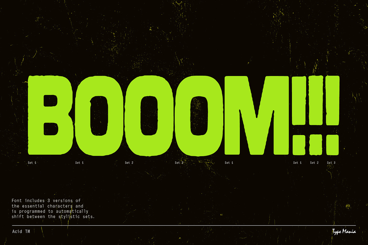 Acid TM – Rugged Dynamic Typeface, a Sans Serif Font by Type Mania (Photo 4 of 11)