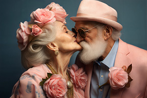 Elderly couple in pink attire sharing a kiss, adorned with flowe, a Person Photo by ImageMir