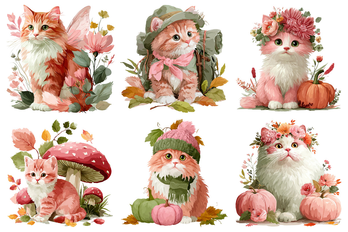Watercolor Autumn Cat Clipart, a Seasonal Illustration by Daily.Designs (Photo 4 of 5)