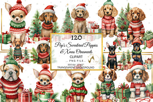 120 Watercolor Christmas Dog Clipart