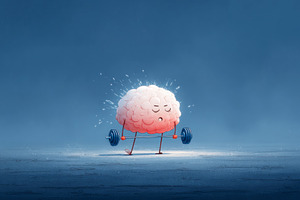 Cute brain character lifting barbell with glowing energy represe, a Sports & Recreation Photo by José Manuel Gelpi