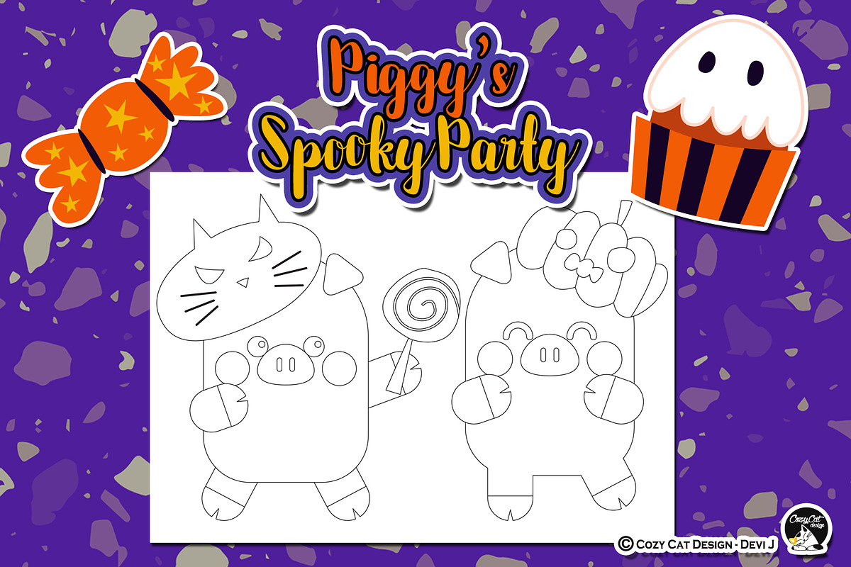 Piggy Spooky Party Coloring Pages, an Education Illustration by Cozy Cat Design (Photo 6 of 7)