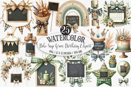 Boho Sage Green Birthday Clipart