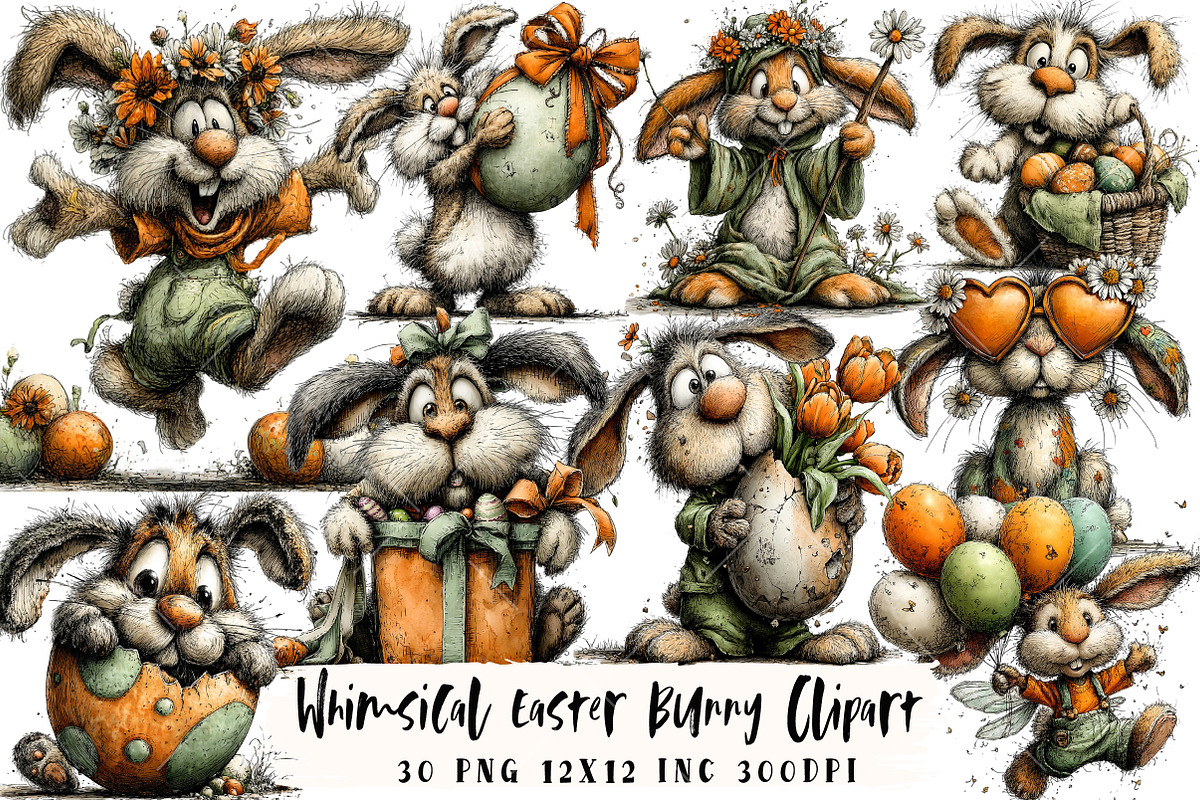 Whimsical Easter Bunny Clipart, an Illustration by OK Design (Photo 1 of 6)