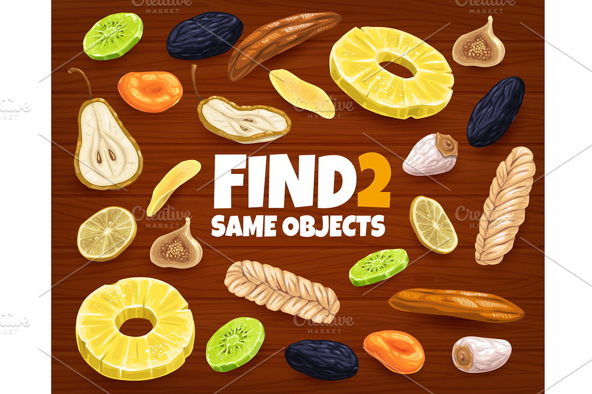 Find two same dried fruits, an Education Illustration by Vector Tradition (Photo 1 of 3)