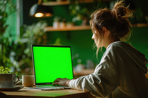 Woman working on laptop green screen, a Photo by Pixeness Studio