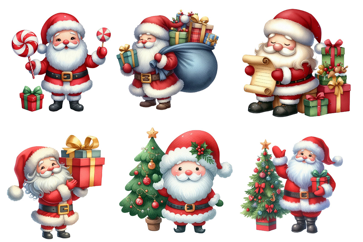 Watercolor Cute Santa Clipart Bundle, an Illustration by Designworld (Photo 2 of 6)