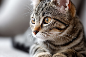 Cute tabby kitten resting on a sofa., an Animal Photo by MistyDay
