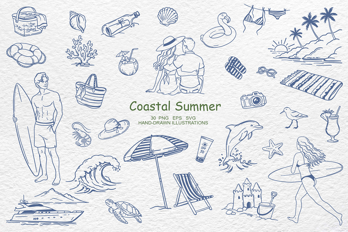 Coastal Summer Line Art, a Seasonal Illustration by Watercolor dreams (Photo 1 of 3)