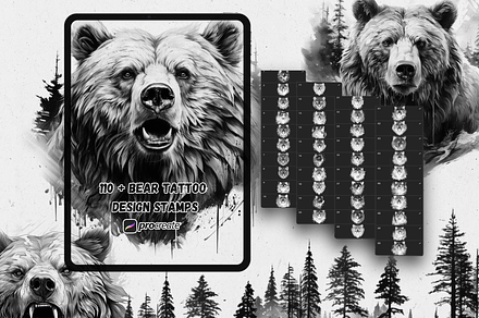 110 Bear Tattoo Stamps For Procreate, a Brush Add-On by Torus1