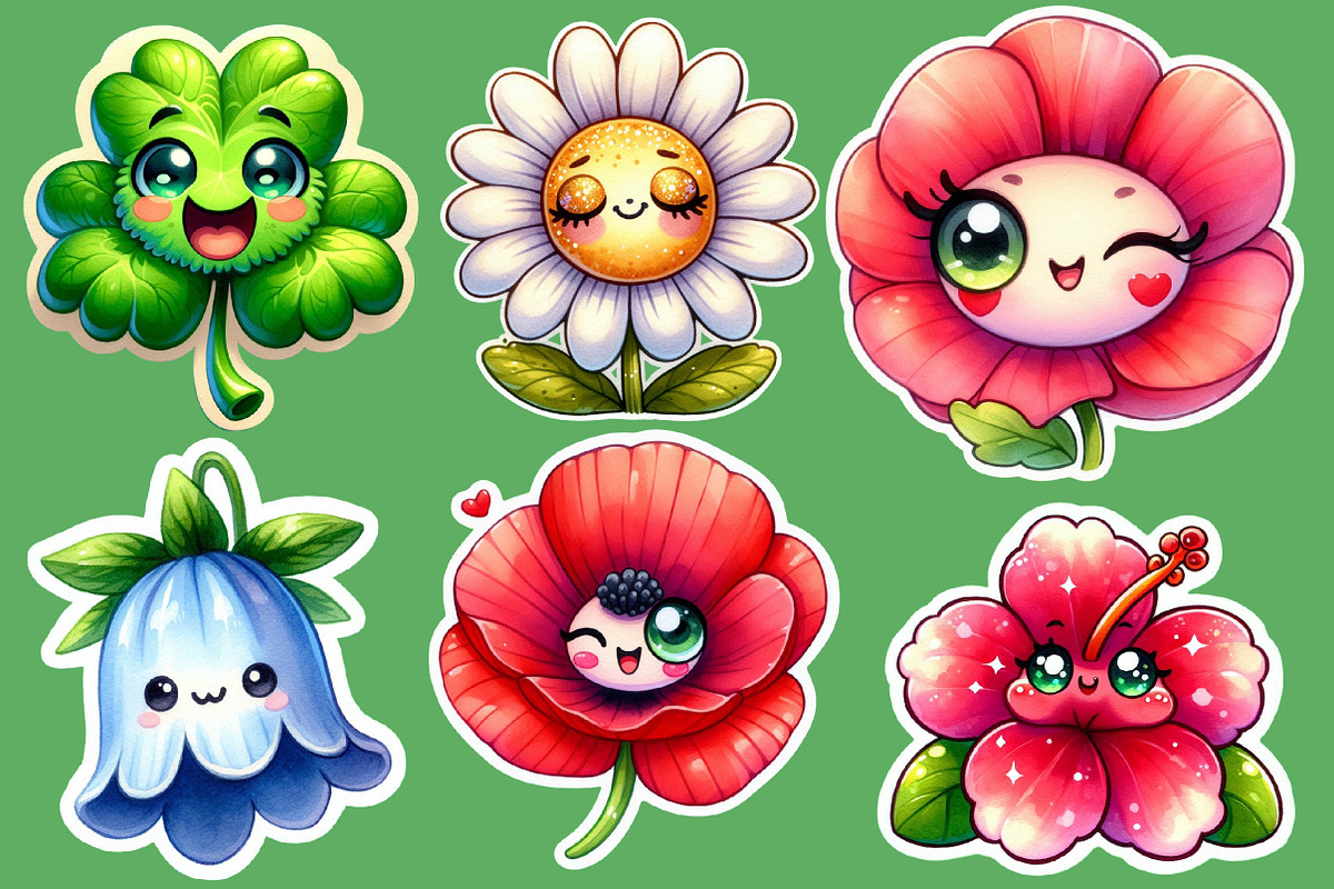 Kawaii Flowers Clipart Bundle, an Illustration by Designworld (Photo 5 of 7)