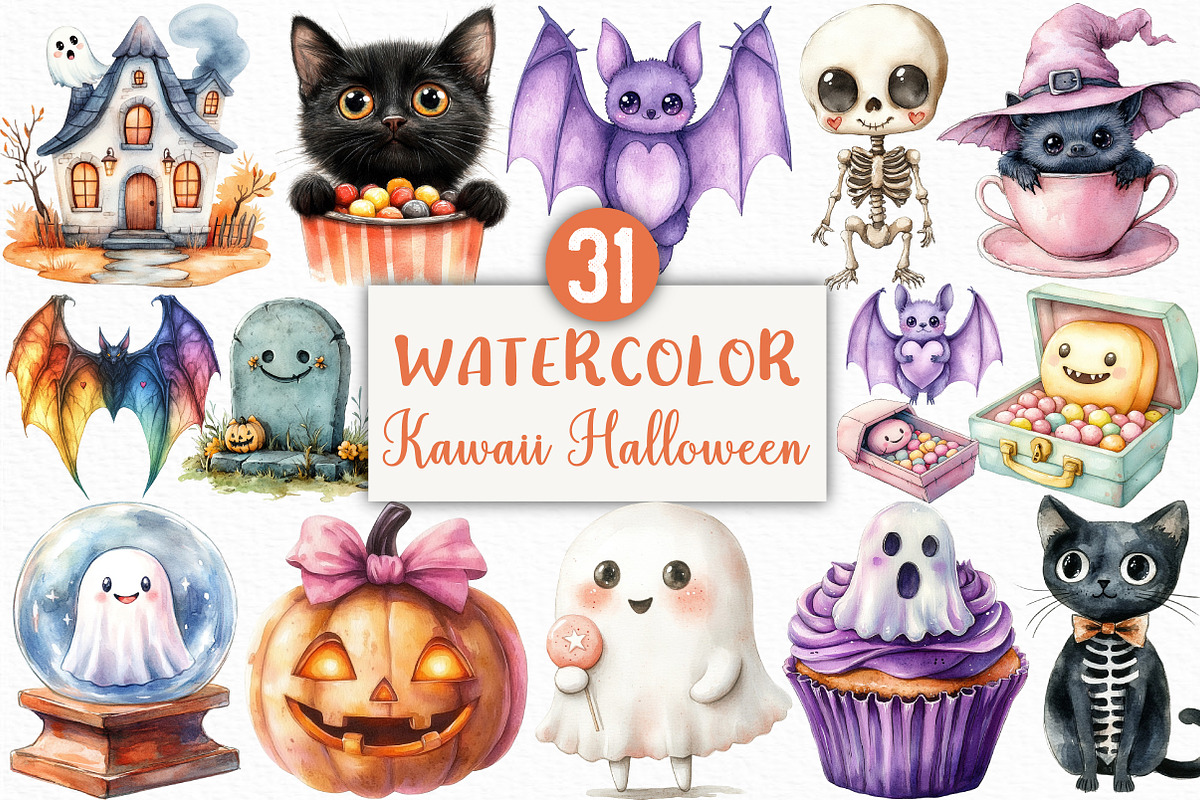 Watercolor Kawaii Halloween Clipart, an Illustration by Craft Nest (Photo 1 of 6)