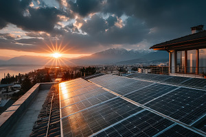 Modern rooftop solar panels at sunset overlooking cityscape, lak, a Technology Photo by José Manuel Gelpi