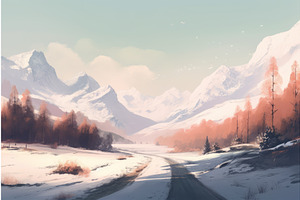 Snow Road Mountains Sunset. Generate