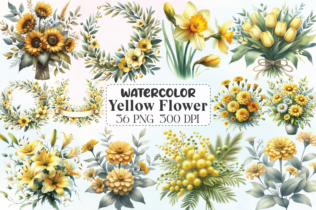 Watercolor Yellow Flower Clipart, an Illustration by CraftArtStudio (Photo 1 of 6)