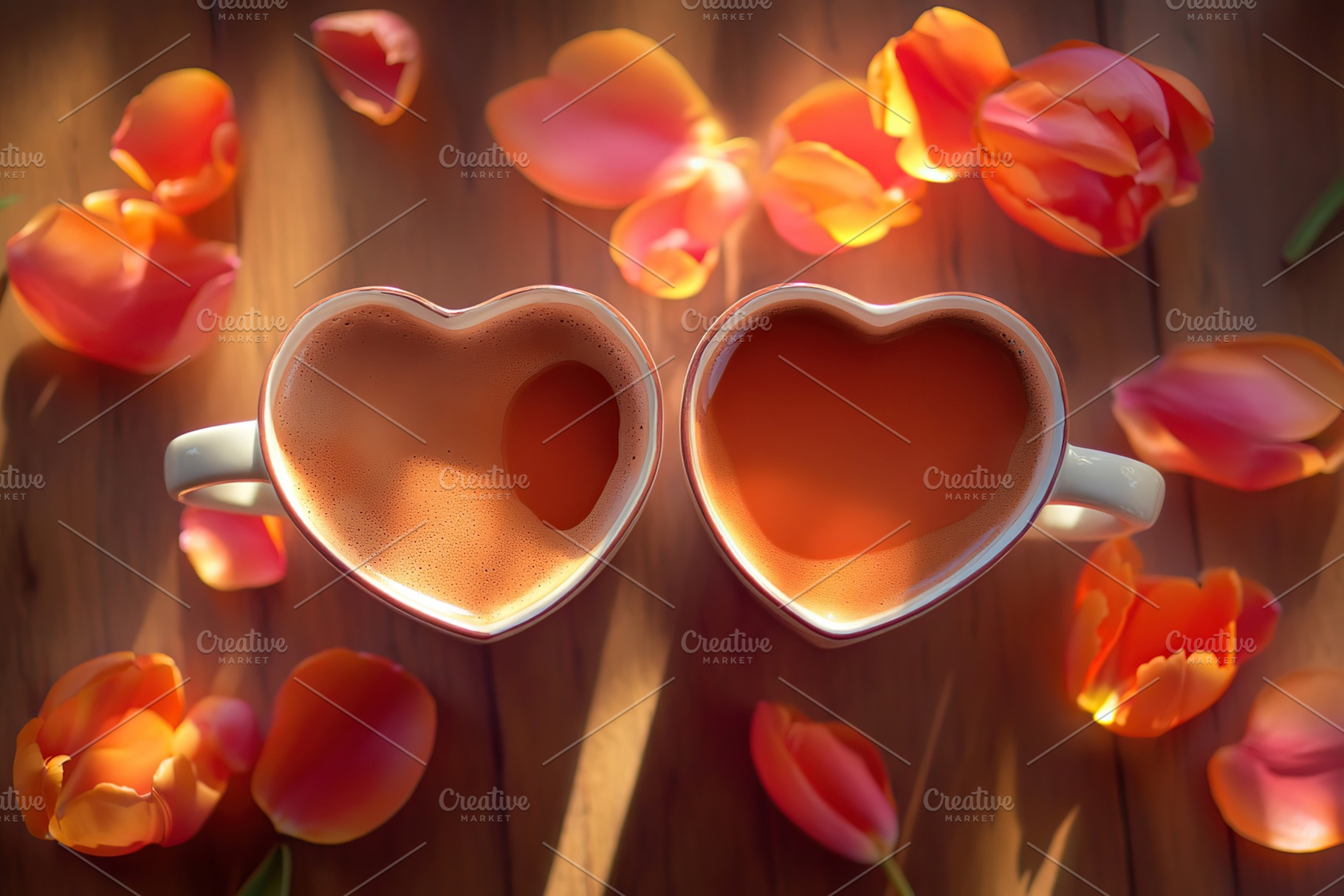 Two heart shaped cups of coffee with tulip petals, a Food & Drink Photo by AlyaAnd