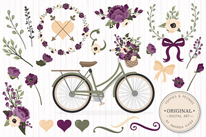 Deep Plum Floral Bicycle Vectors, an Illustration by Amanda Ilkov