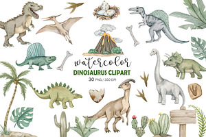 Watercolor Dinosaur Clipart, PNG, an Animal Illustration by PatternPalette