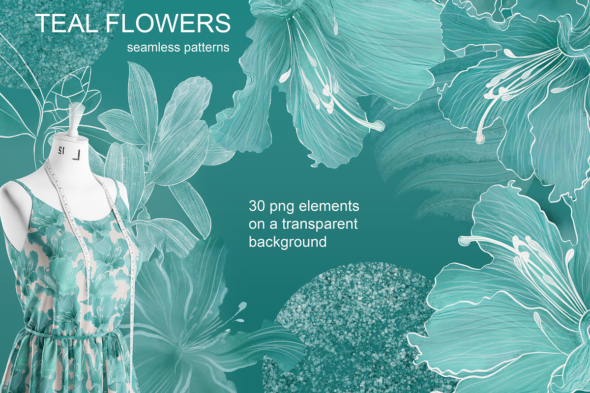 TEAL FLOWERS seamless patterns, a Pattern Graphic by ANAKOTO (Photo 8 of 13)