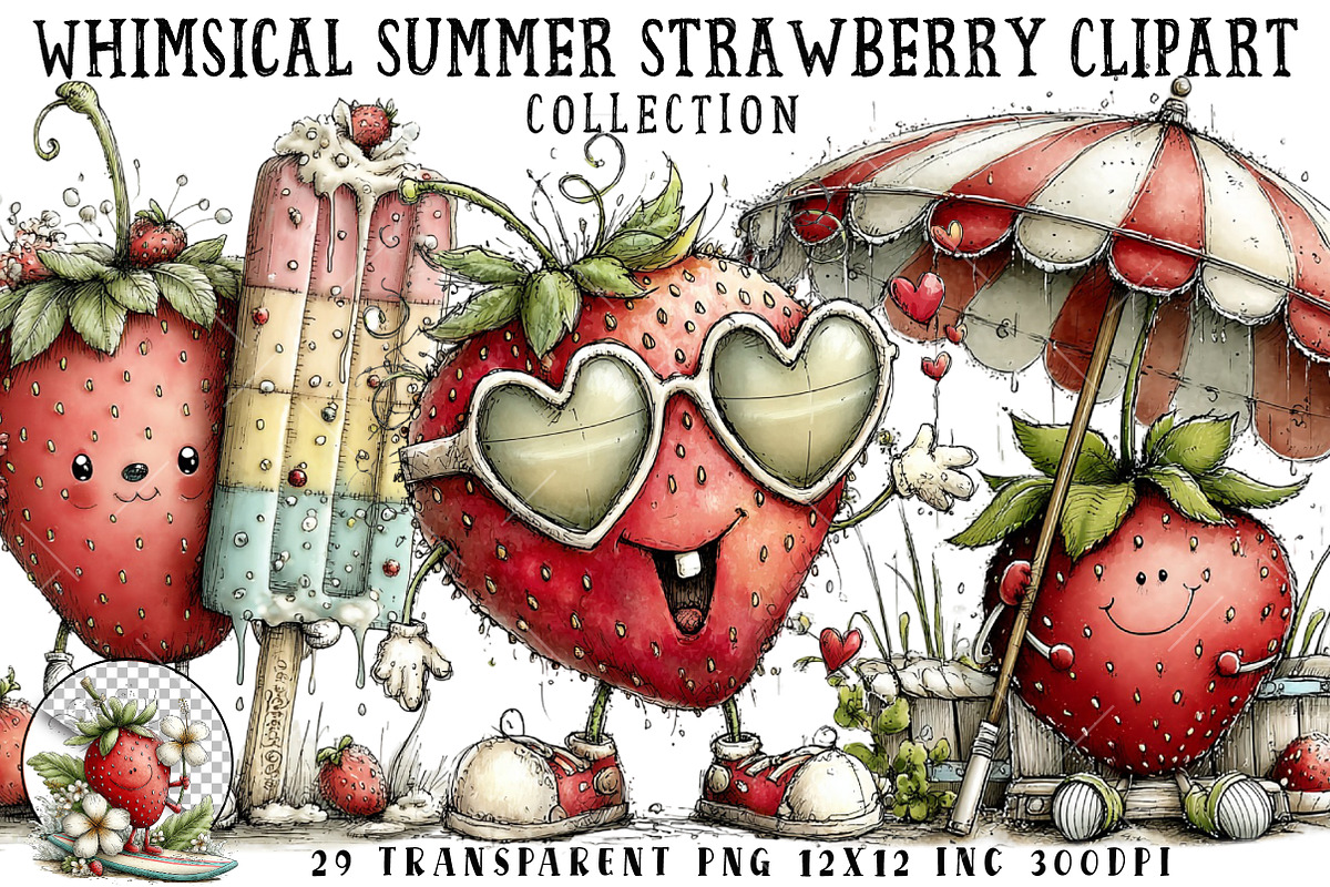 Whimsical Summer Strawberry Clipart, an Illustration by OK Design (Photo 1 of 6)