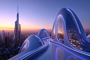 Beautiful futuristic city skyline with glowing architecture at sunset, an Architecture Photo by AlyaAnd