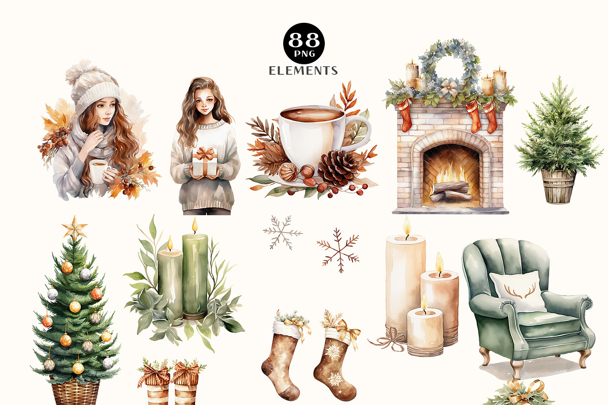 Watercolor Cozy Christmas Clipart, a Decorative Illustration by OKArtHub (Photo 2 of 8)