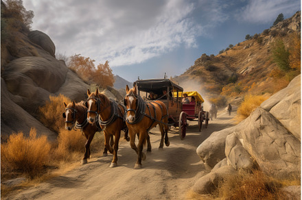 Stagecoach horses travel. Generate, a Nature Photo by Ylivdesign