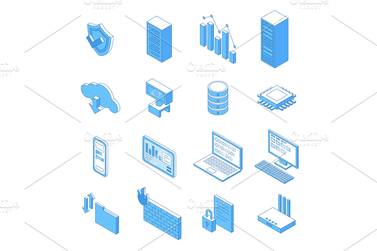 Isometric line data center elements, a Technology Illustration by Valerie Bodnar