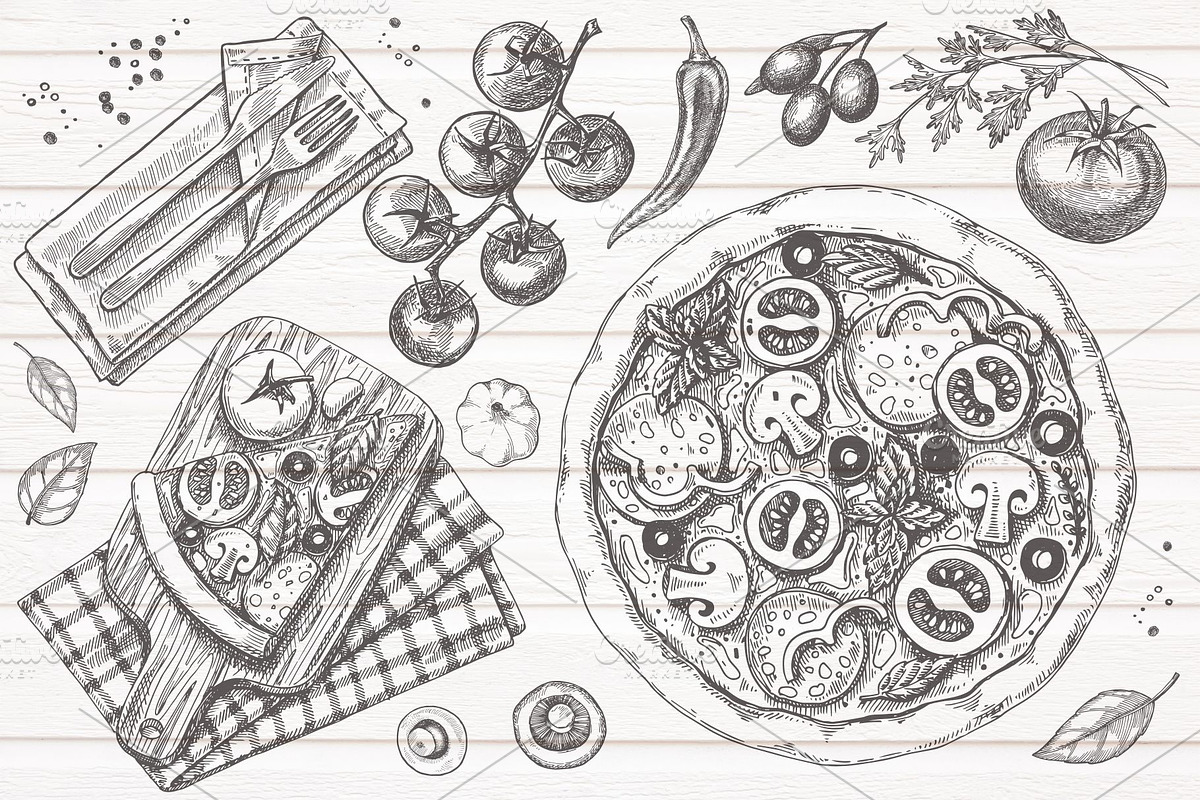 Hand drawn Pizza frame. Ingredients., a Food Illustration by natadanko (Photo 2 of 2)