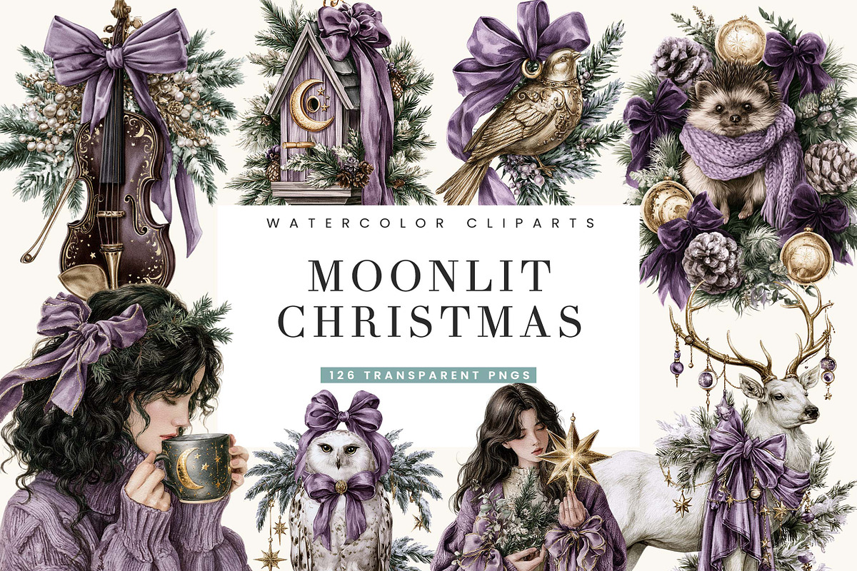 Watercolor Moonlit Christmas Clipart, a Seasonal Illustration by BusyDaydesign (Photo 1 of 7)