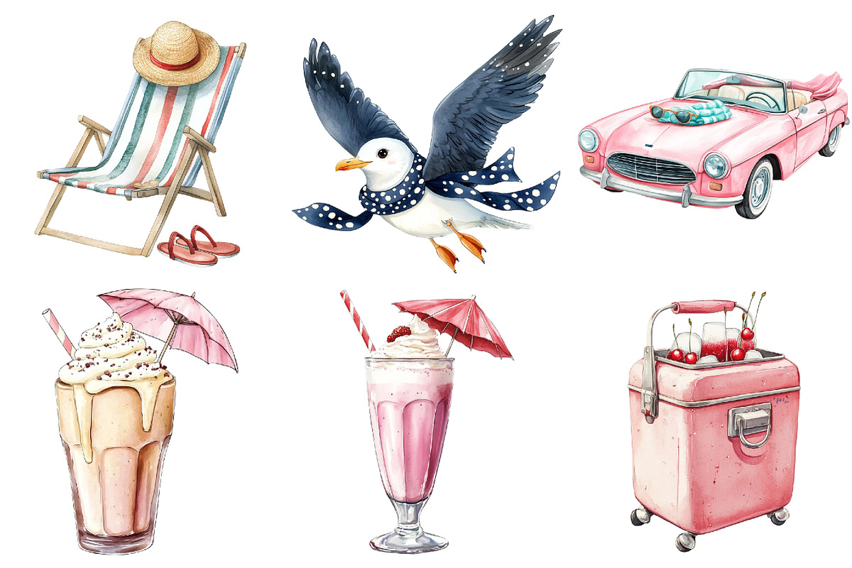 1950s Style Beach Day Clipart, an Illustration by Watercolor design (Photo 4 of 5)