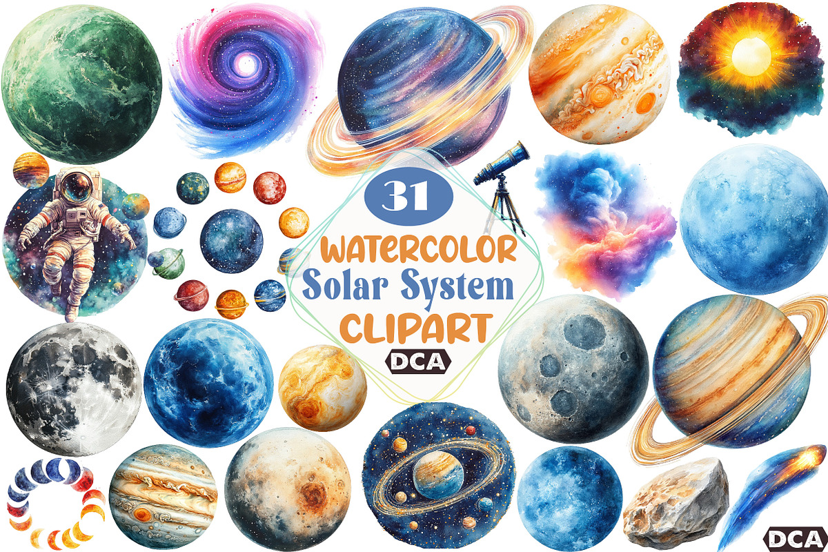 Watercolor Solar System Clipart, an Illustration by DreamCafeArt (Photo 1 of 7)