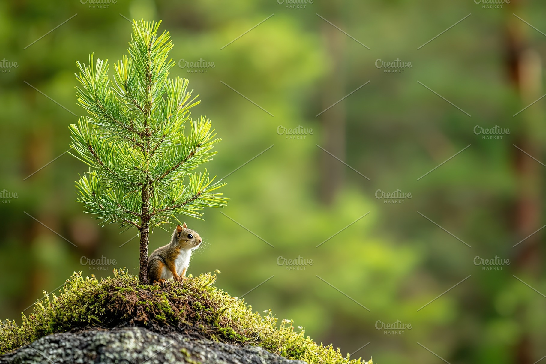 Little cute squirrel near pine tree sapling in the forest, a Nature Photo by AlyaAnd