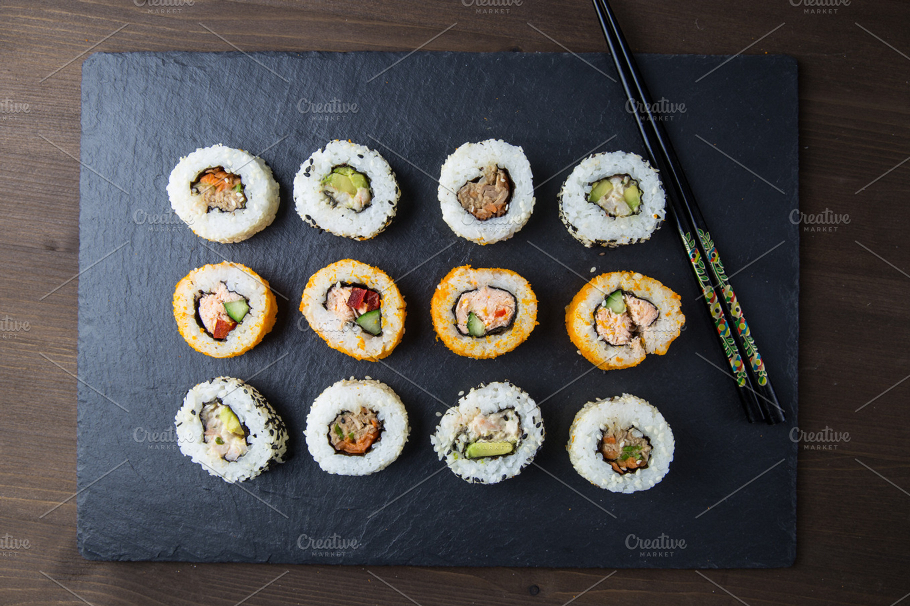 Sushi on slate stock picture, a Food & Drink Photo by Tom Eversley